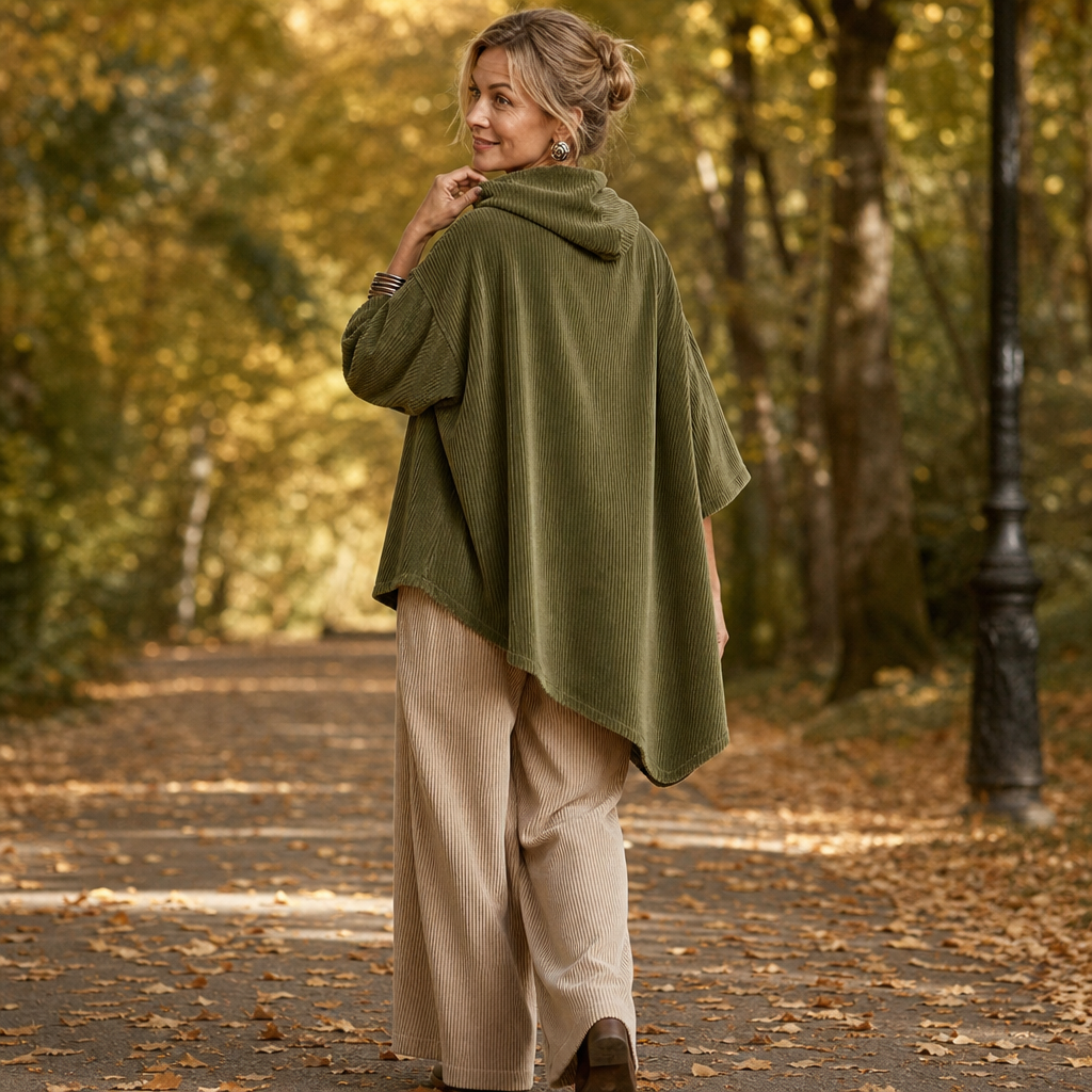 Draperly Corduroy Poncho - Hooded Women's Asymmetric Top