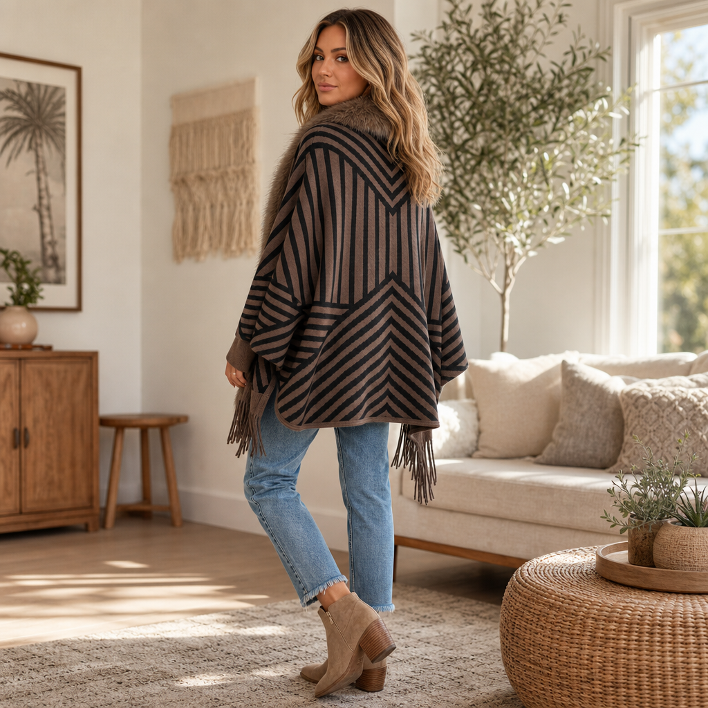 Velmora Fringed Poncho Cardigan - Women's Faux Fur Trim