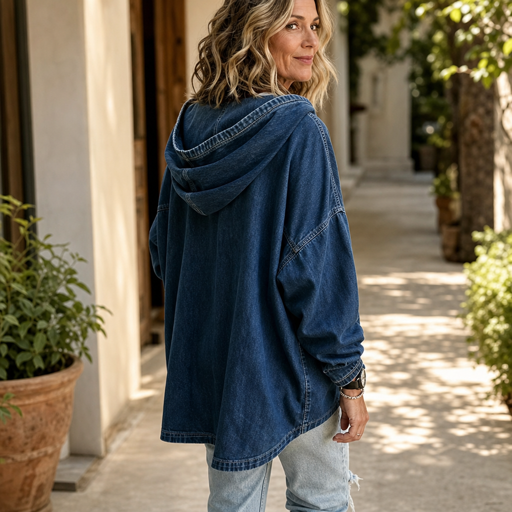 Denim Ease Oversized Hoodie - Washed Denim-Look Women's Top