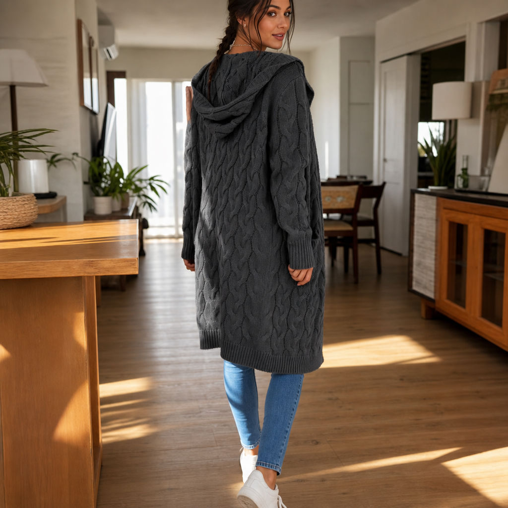 Wrapetta Cable Knit Cardigan - Women's Longline Hooded Knit