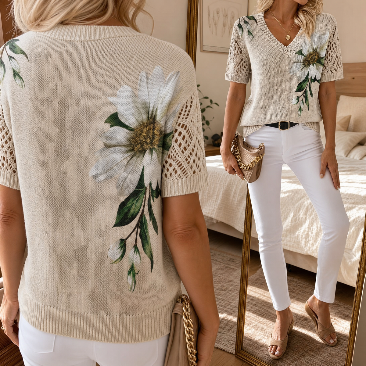 Rosavelle - Crochet Sleeve Floral Women's Knit Top