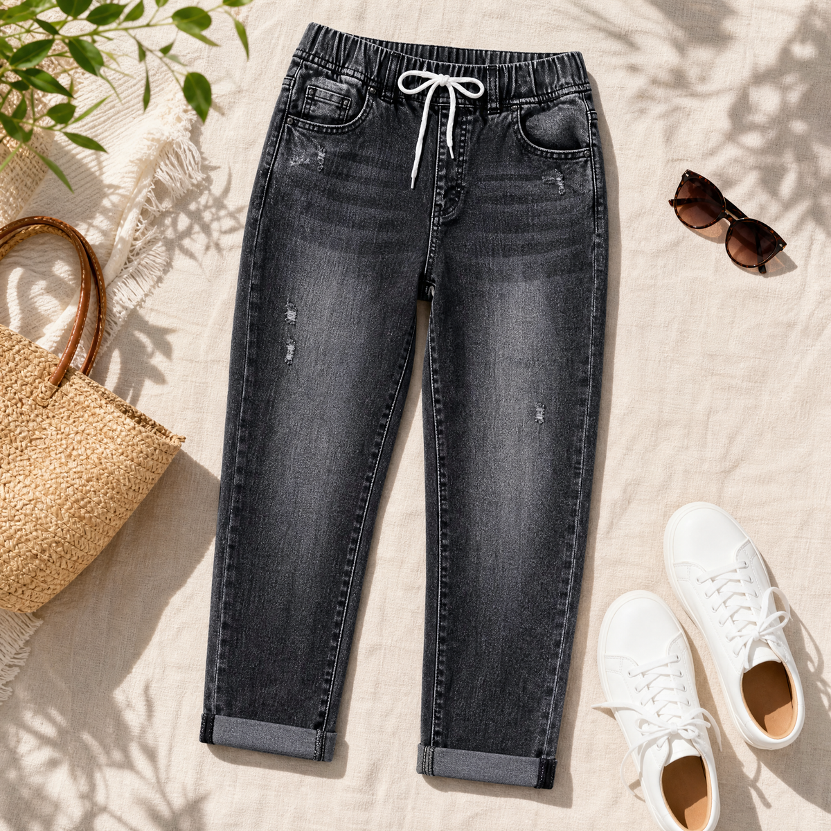 Vellora Denim Capris - Women's High Waist Drawstring Jeans