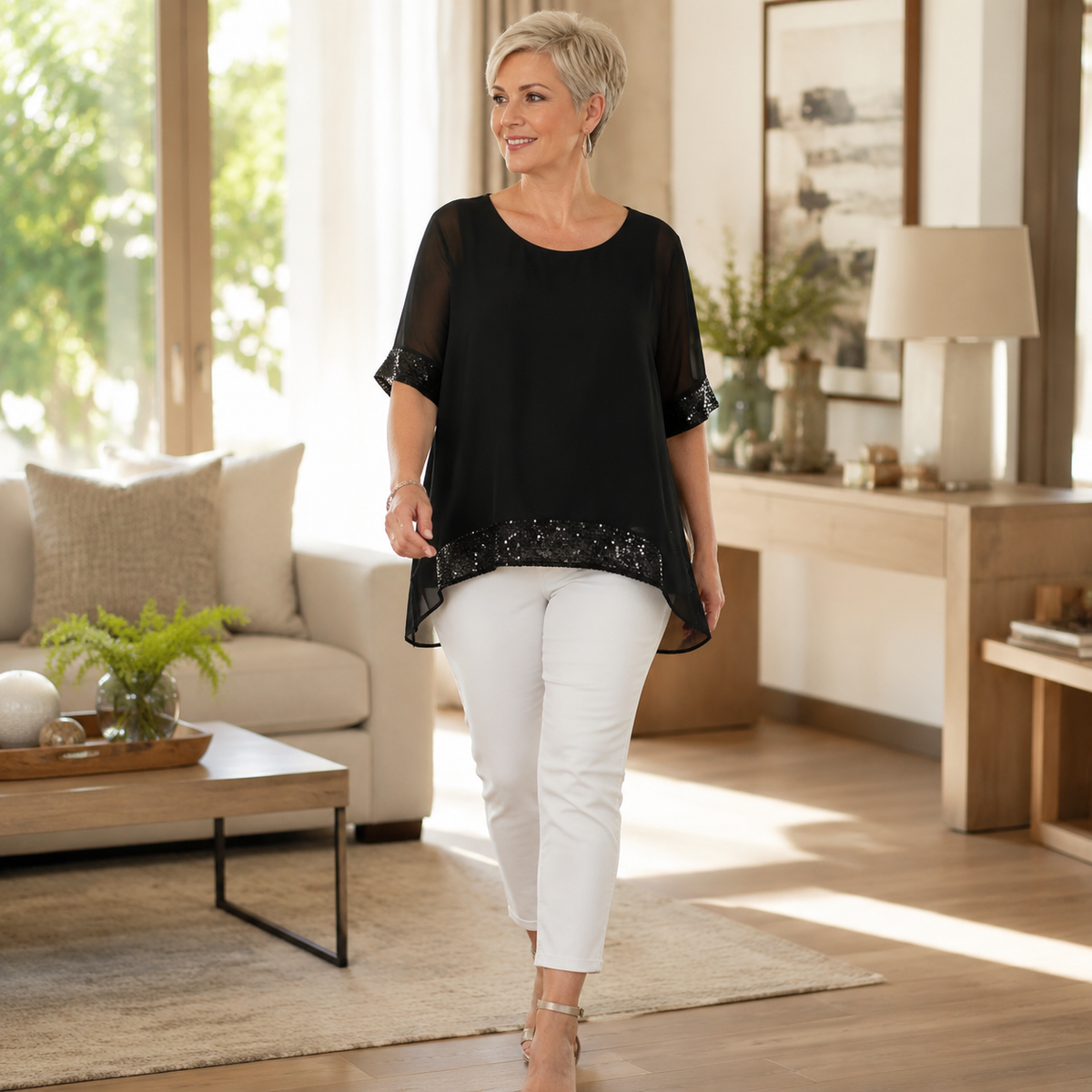 Lunara Sequin Trim Top - Women's Layered Chiffon Top
