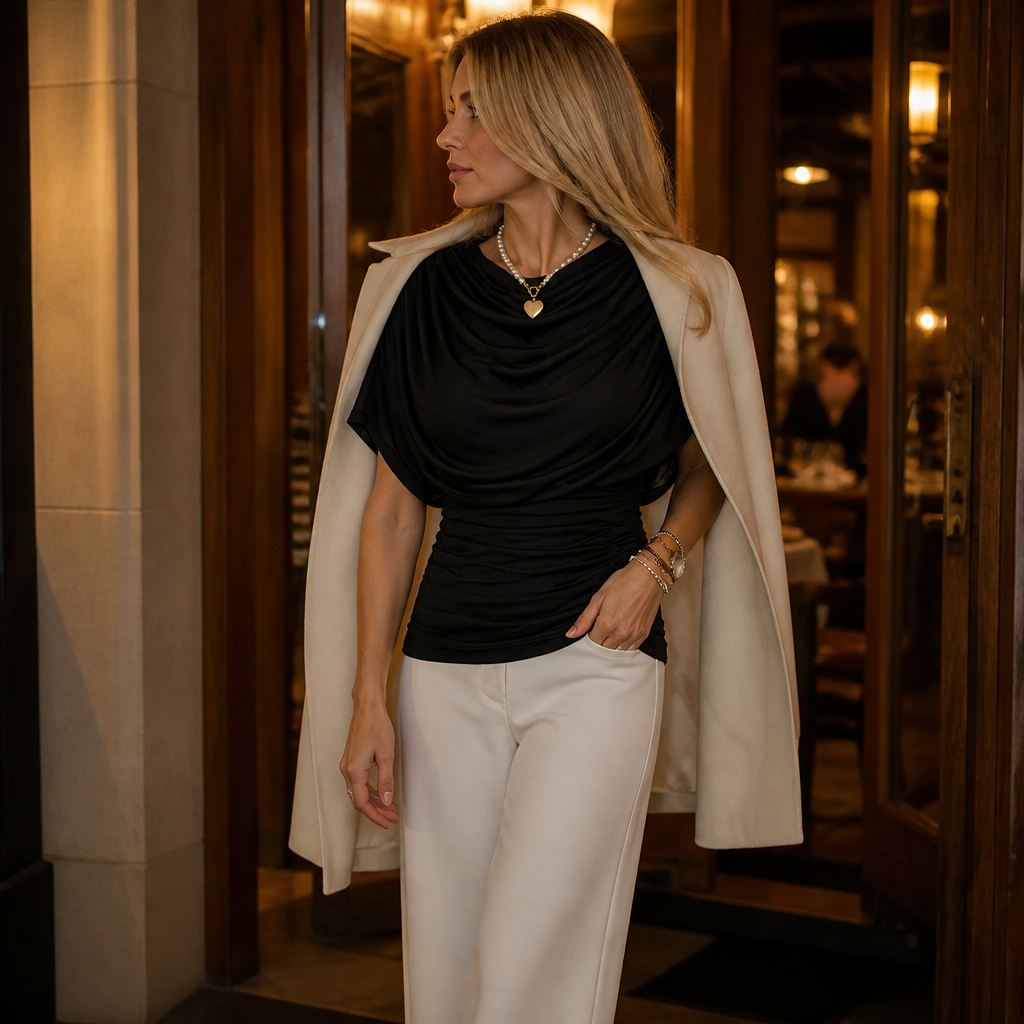 Wrapelle - Ruched Cowl-Neck Batwing Sleeve Women's Top