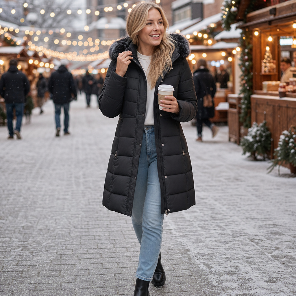 Chevronwarm Longline Puffer Coat - Women's Faux Fur Hood