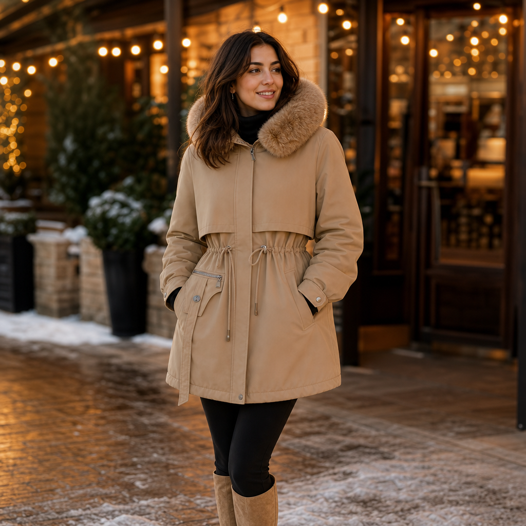 Veluxe Quilted Parka - Women's Faux Fur Hood Cinched Waist
