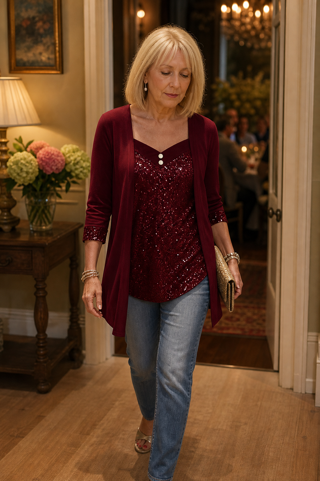 Veluxe Duo Sequin Top - Women's Mock Layer Evening Top