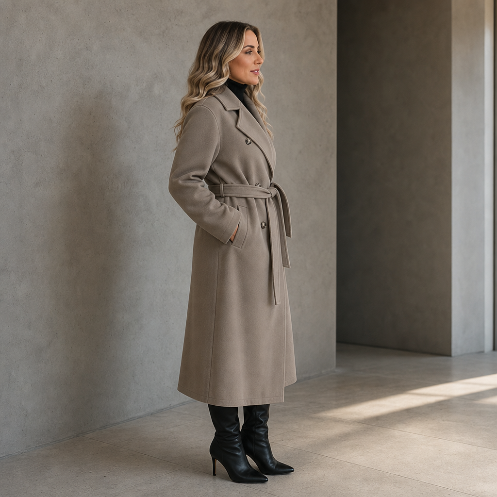 Belted Belle Long Coat - Double-Breasted Women's Coat