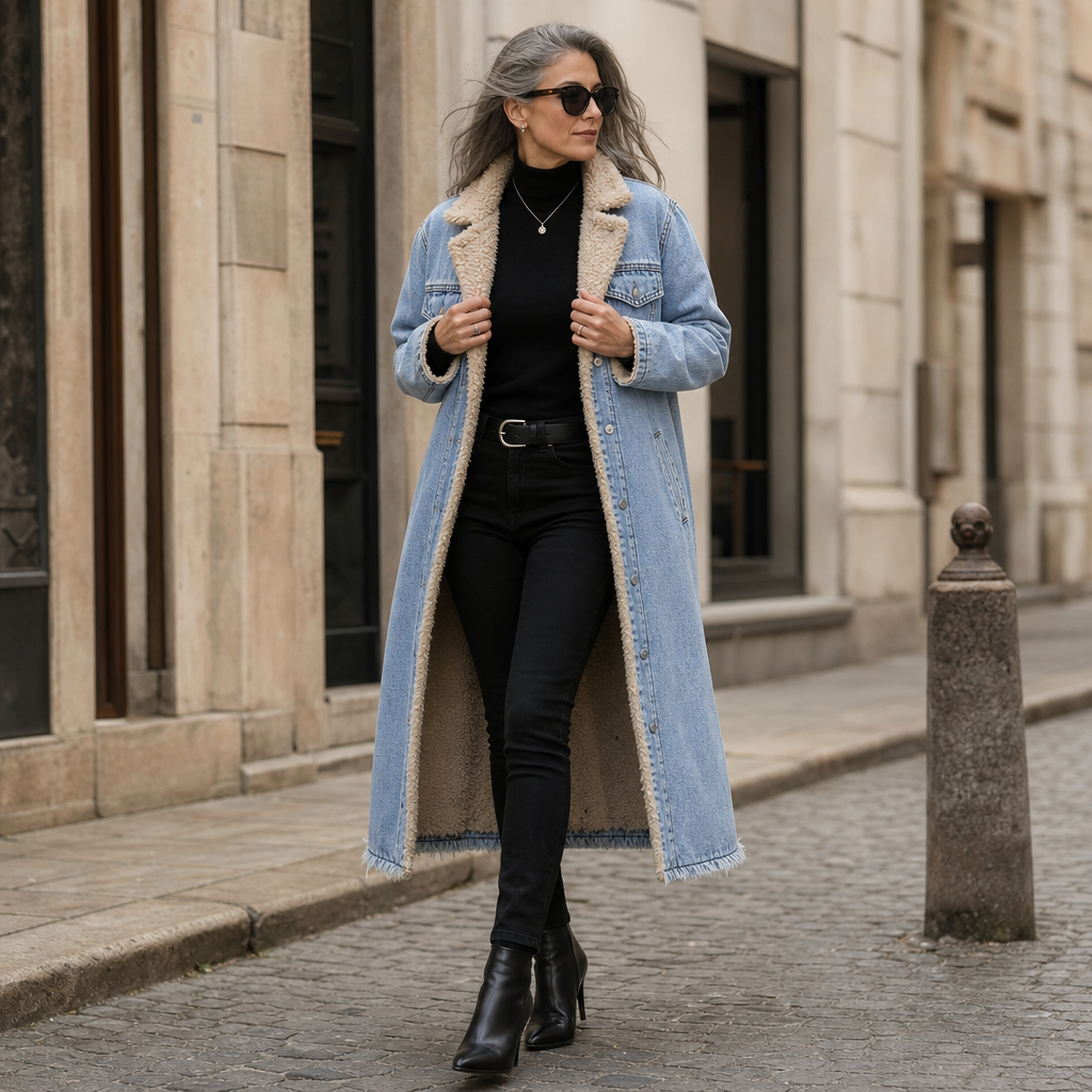 Denora Sherpa Lined Denim Coat - Women's Long Denim Coat