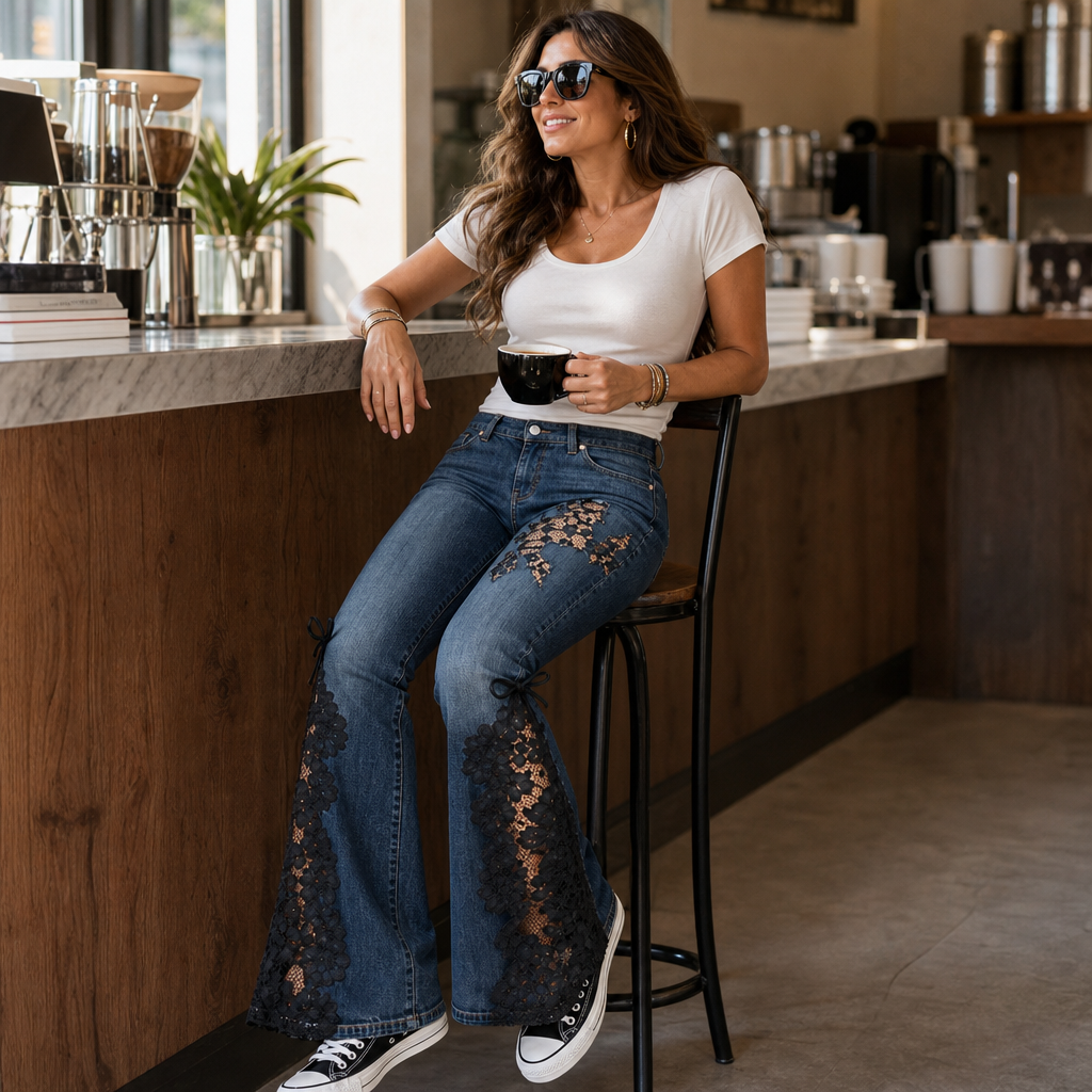 Laceflare Flare Jeans - Black Lace Panel Women's Jeans