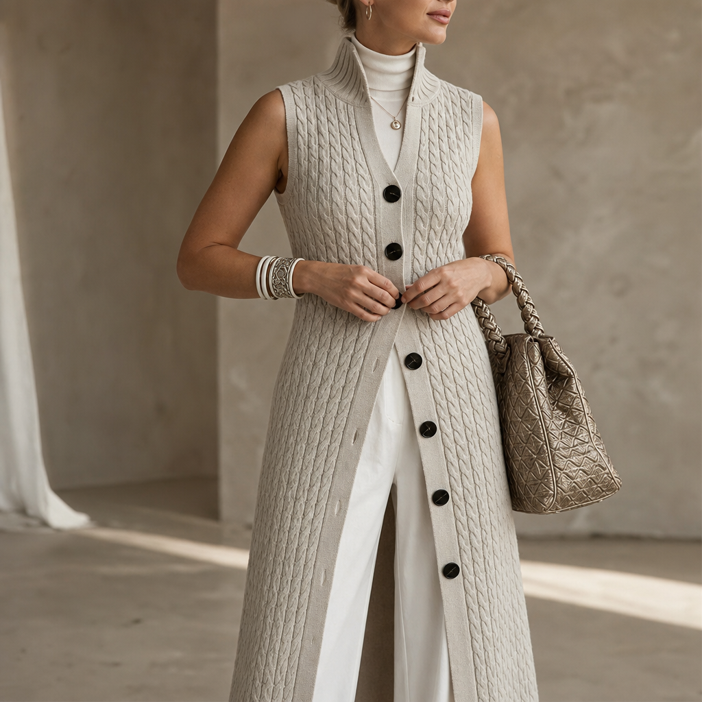 Elara Knit Longline Waistcoat - Cable-Knit Look Women's