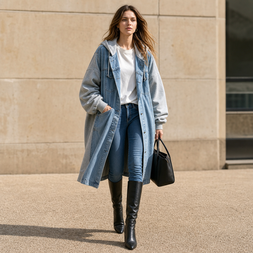 Denimova Hooded Jacket - Denim-Look Sweatshirt Women's Top