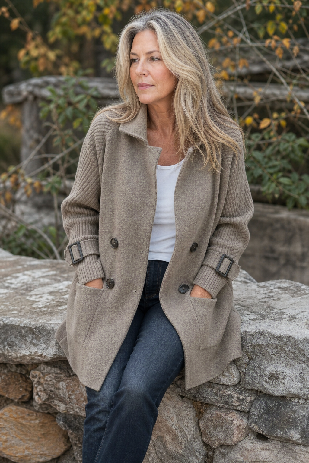 Isola Knit Sleeve Coat - Women's Double Breasted Long Coat