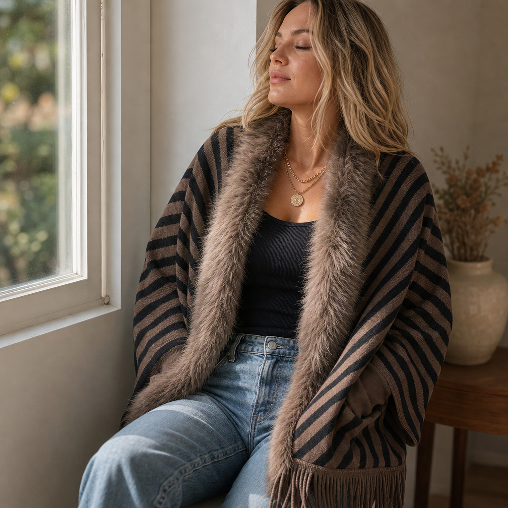 Velmora Fringed Poncho Cardigan - Women's Faux Fur Trim