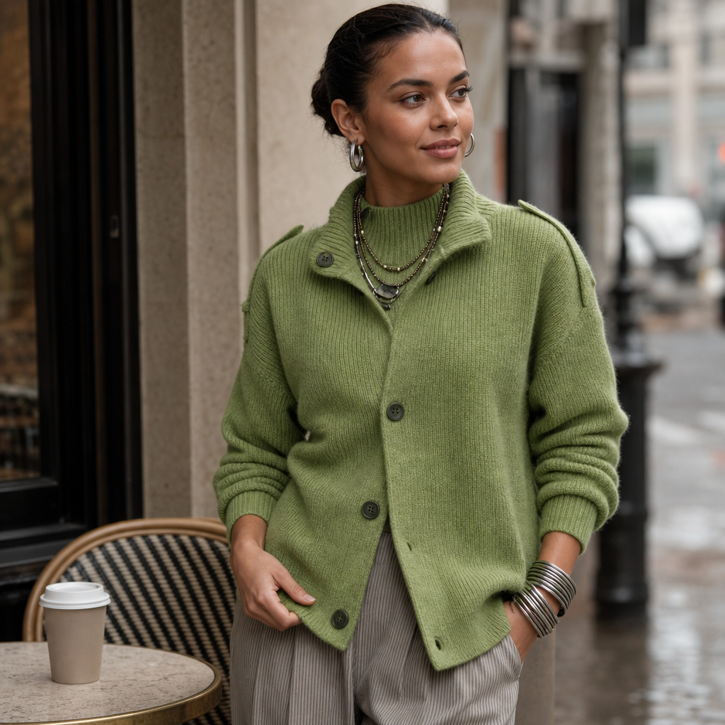 Diavelle High-Collar Cardigan - Diagonal Button Women's