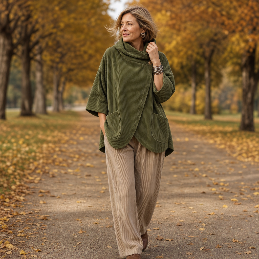 Draperly Corduroy Poncho - Hooded Women's Asymmetric Top