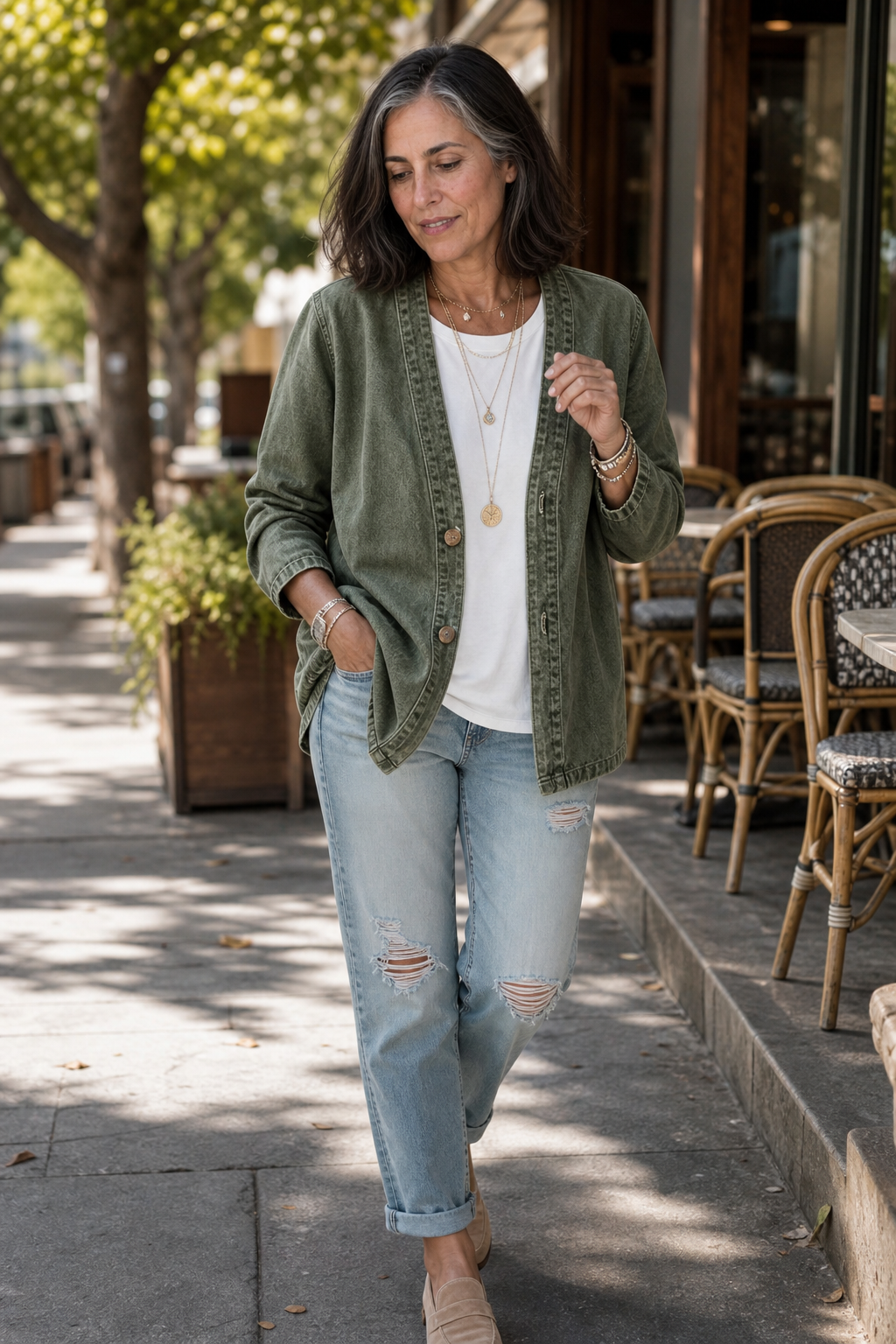 Corriveau Denim-Look Jacket - Washed V-Neck Women's Jacket