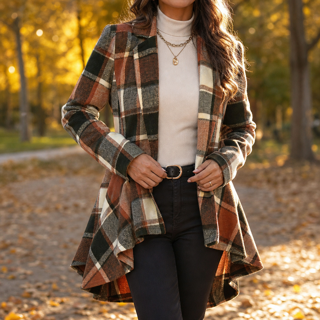 Cinchella Plaid Peplum Coat - Women's High Low Waist Coat