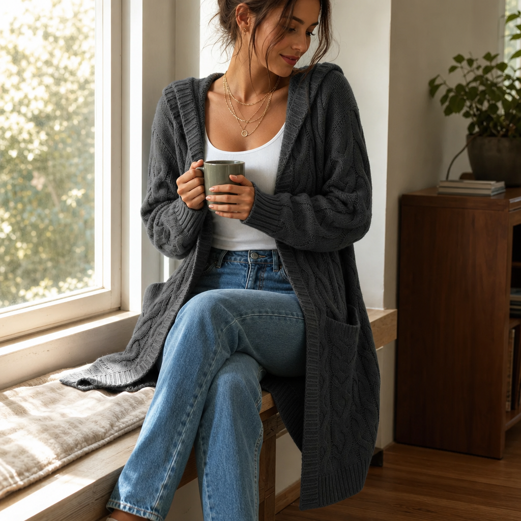 Wrapetta Cable Knit Cardigan - Women's Longline Hooded Knit
