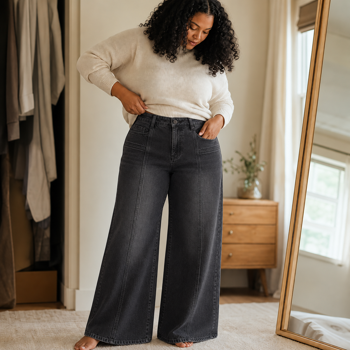 Longline Wide Leg Jeans - High Waisted Seam Women's Jeans