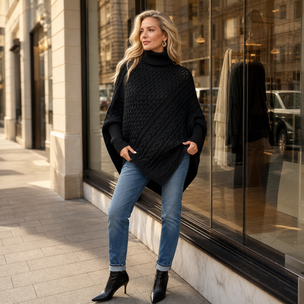 Cabelune Cable Knit Poncho - Women's Asymmetric Jumper