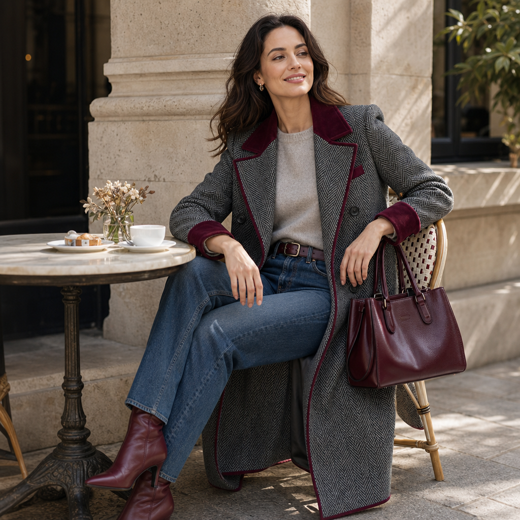 Veloura Herringbone Long Coat - Burgundy Trim Women's Coat