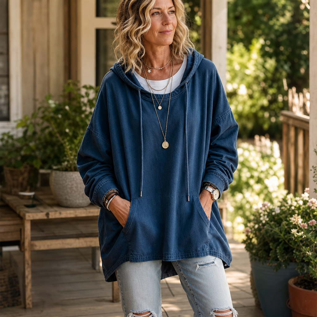 Denim Ease Oversized Hoodie - Washed Denim-Look Women's Top