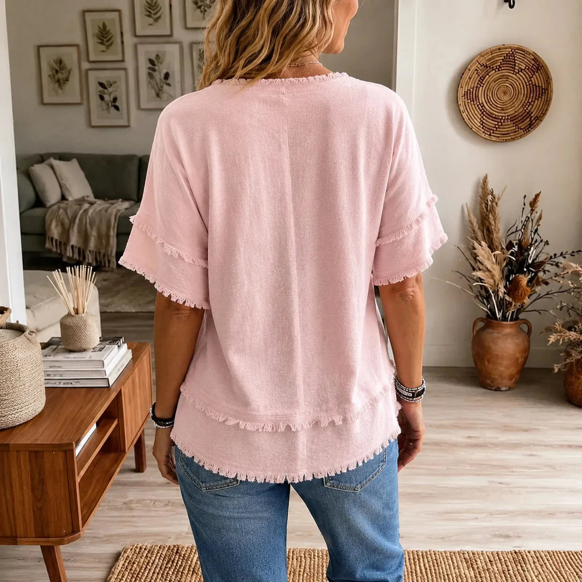 Lorelei - Boho Frayed-Trim V-Neck Women's Tee, Loose Fit