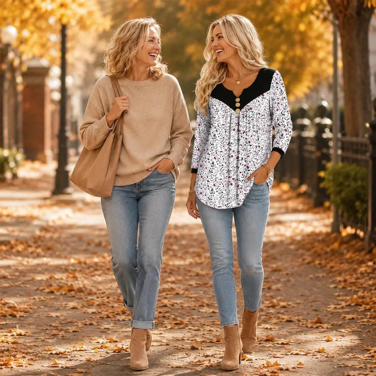 Evelora - Floral V-Neck Tunic Top with Button Yoke