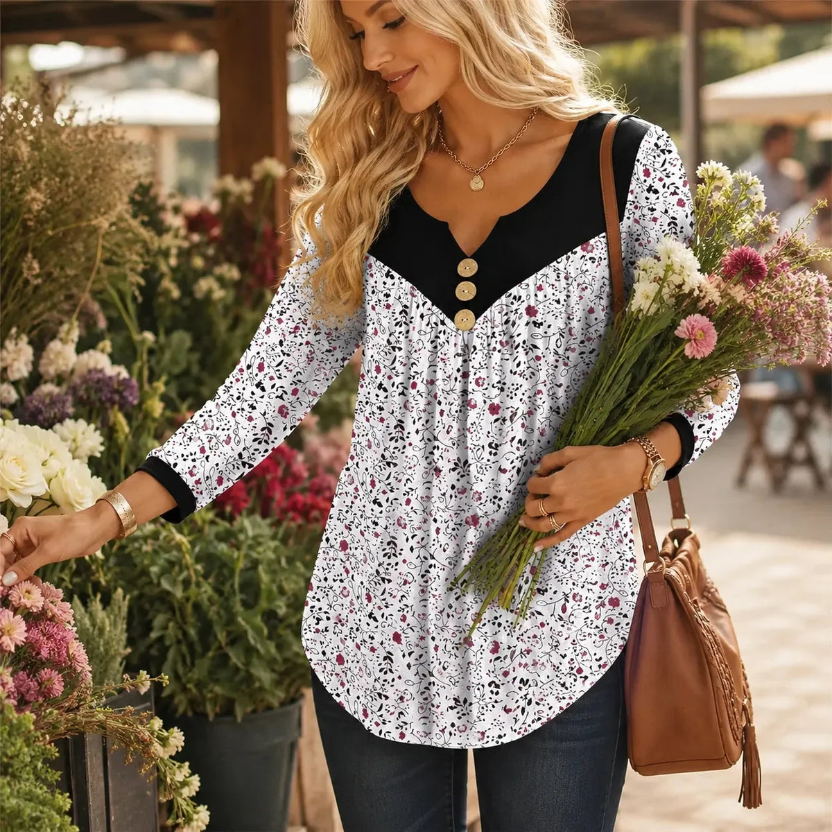 Evelora - Floral V-Neck Tunic Top with Button Yoke