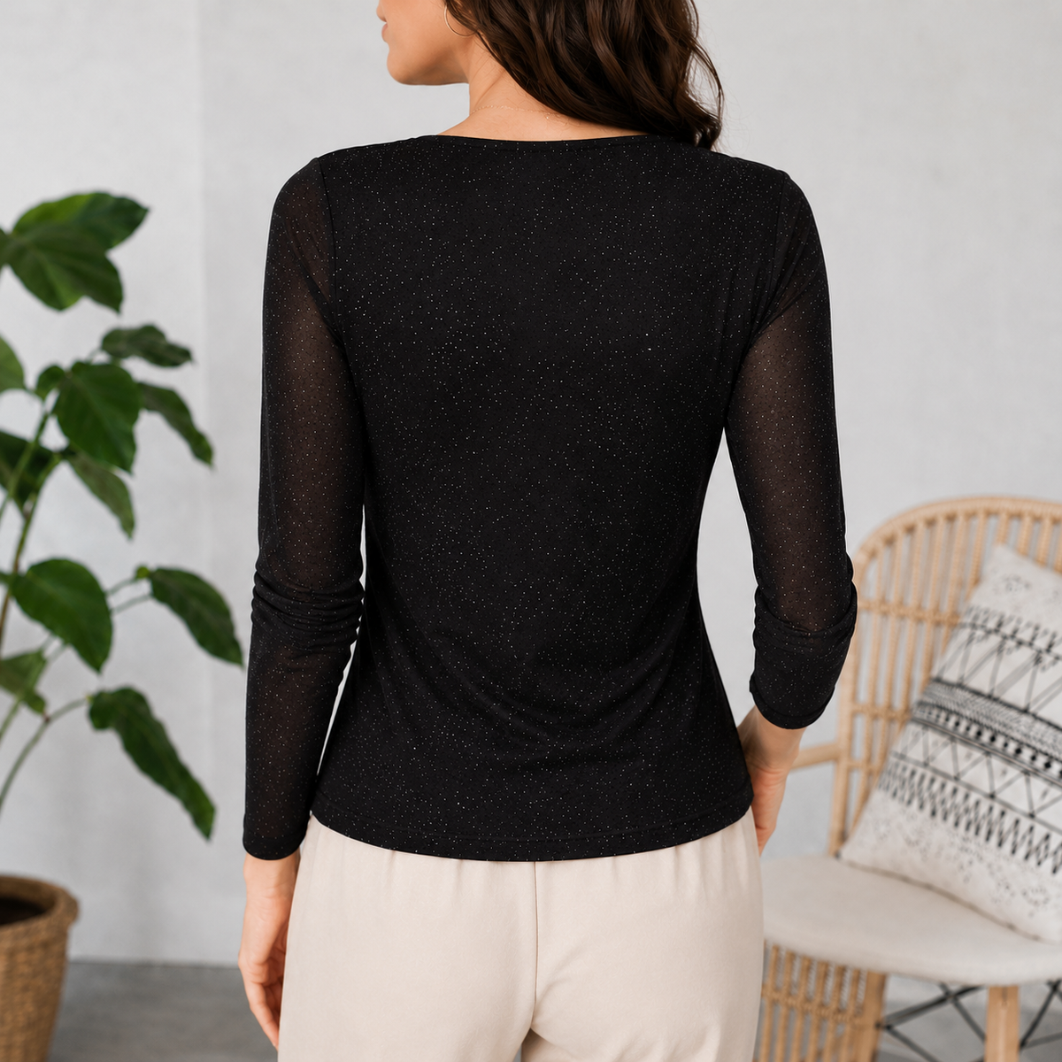 Solavia Sparkle Top - Women's Ruched V-Neck Mesh Top