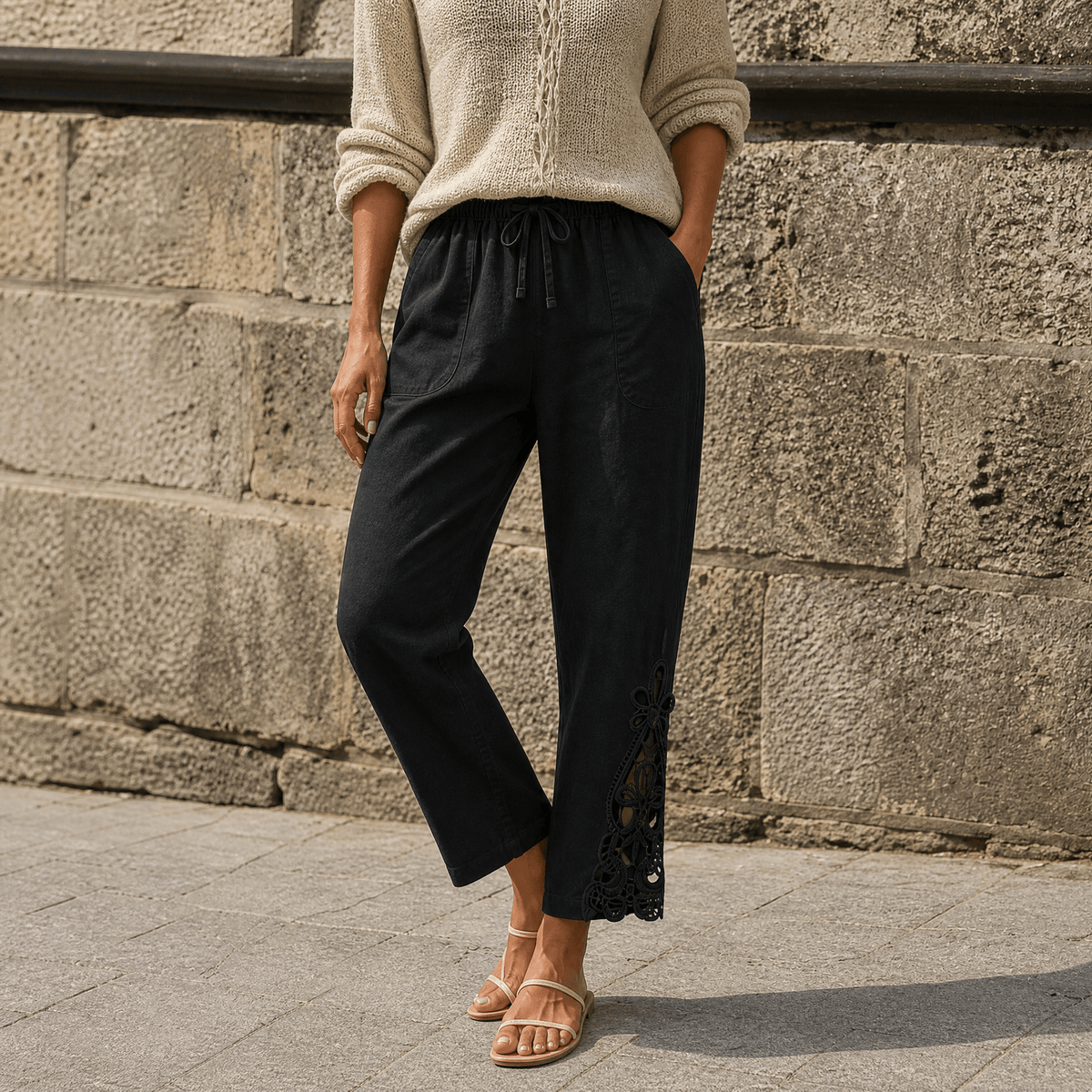Liora Lace Trim Pants - Women's Drawstring Cropped Pants
