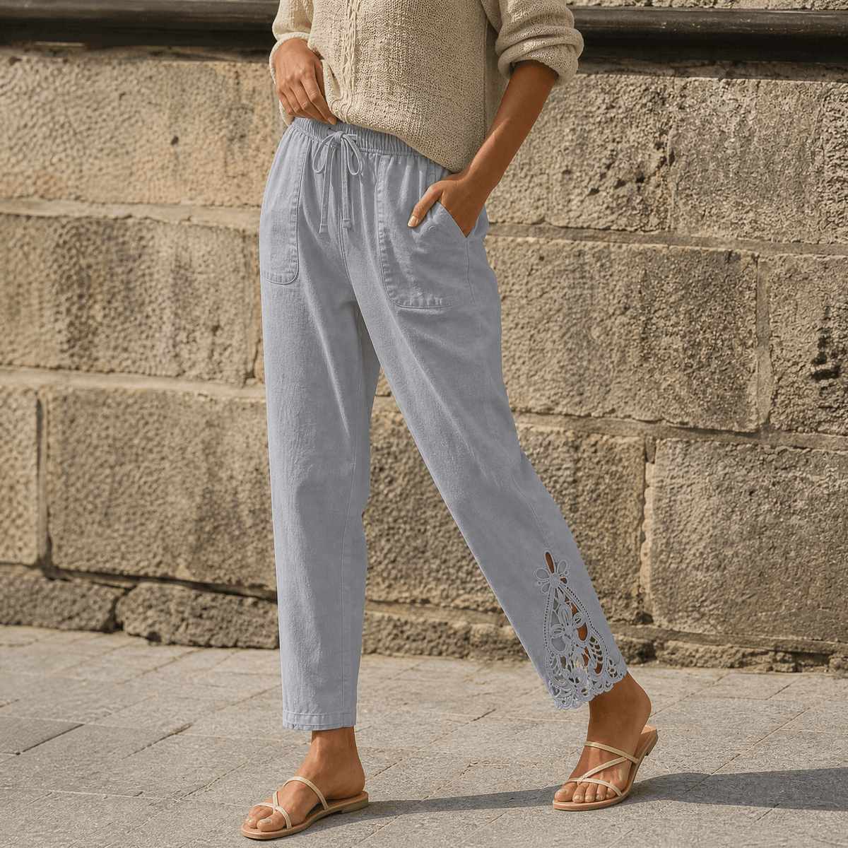 Liora Lace Trim Pants - Women's Drawstring Cropped Pants