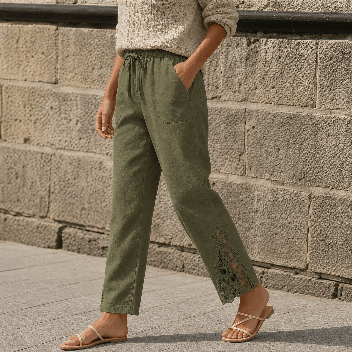Liora Lace Trim Pants - Women's Drawstring Cropped Pants
