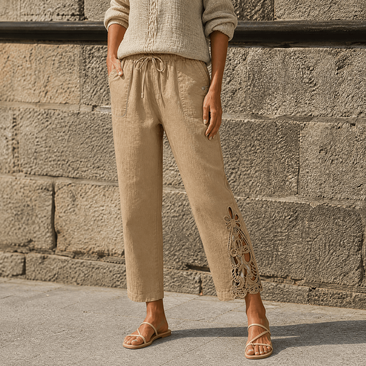 Liora Lace Trim Pants - Women's Drawstring Cropped Pants