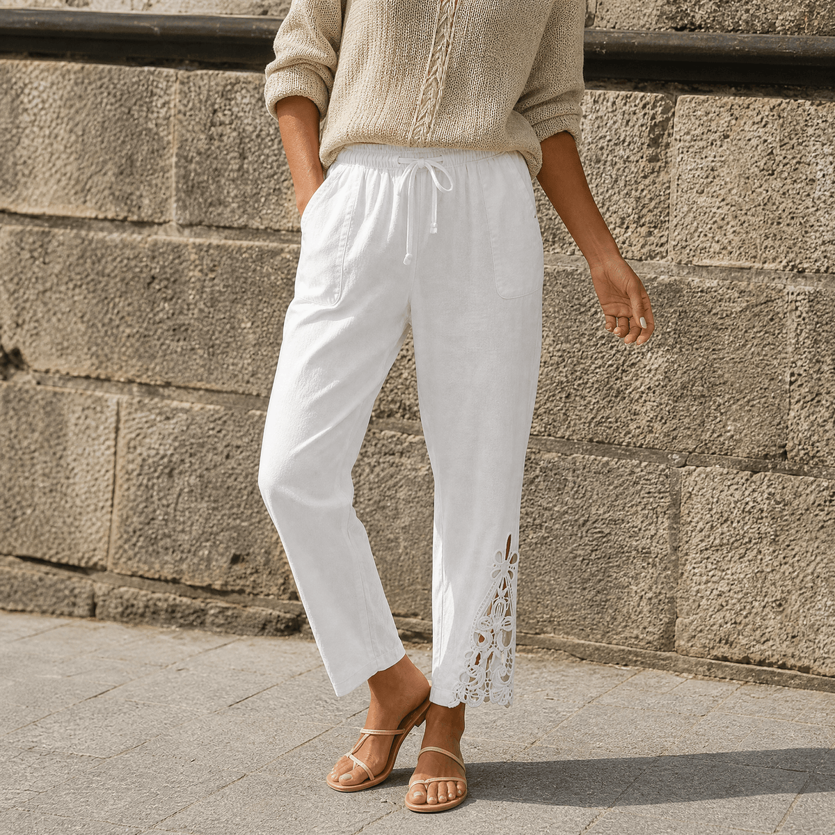 Liora Lace Trim Pants - Women's Drawstring Cropped Pants