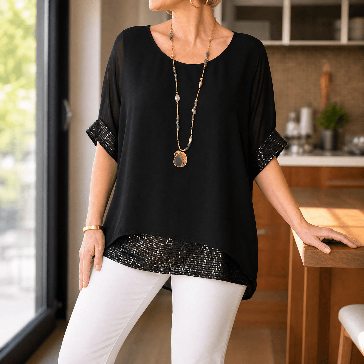 Lunara Sequin Trim Top - Women's Layered Chiffon Top
