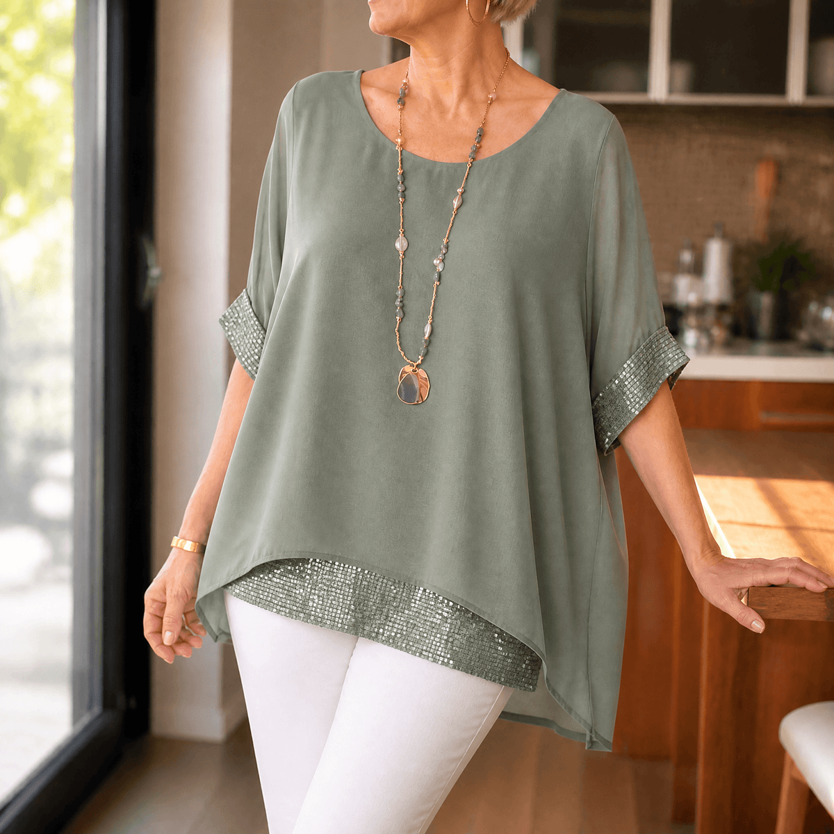 Lunara Sequin Trim Top - Women's Layered Chiffon Top