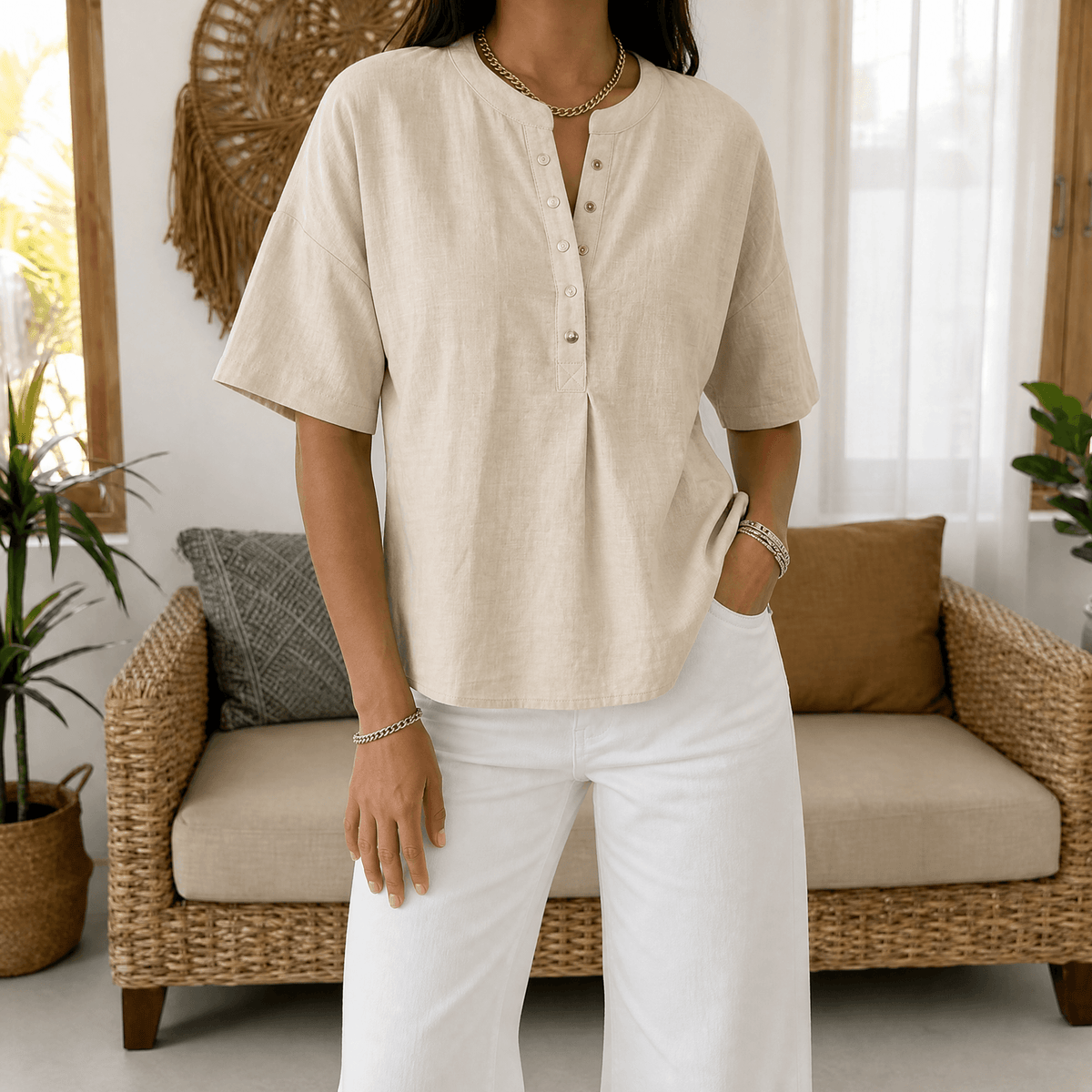 Lunavia - Women's Henley Blouse in Soft Polyester