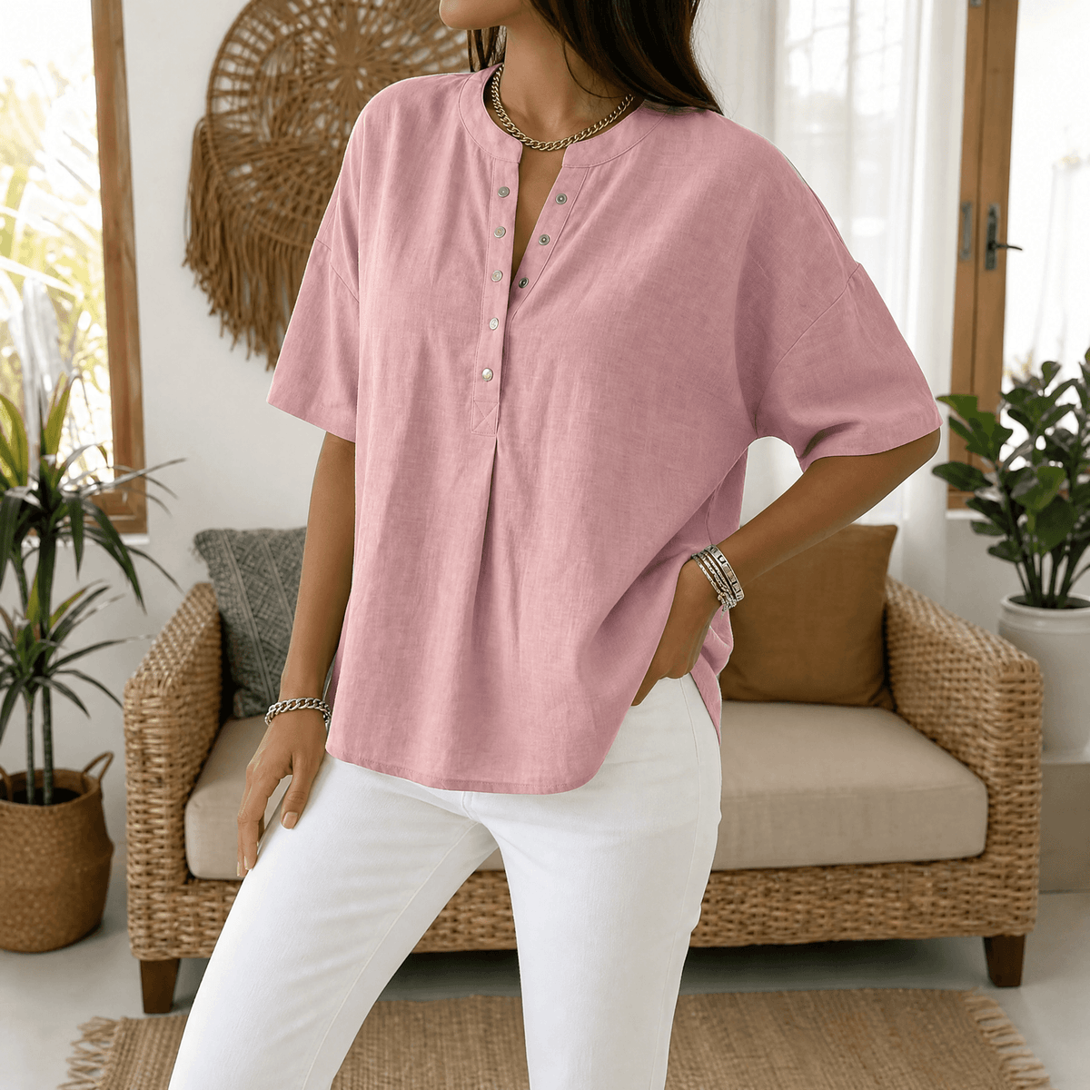 Lunavia - Women's Henley Blouse in Soft Polyester
