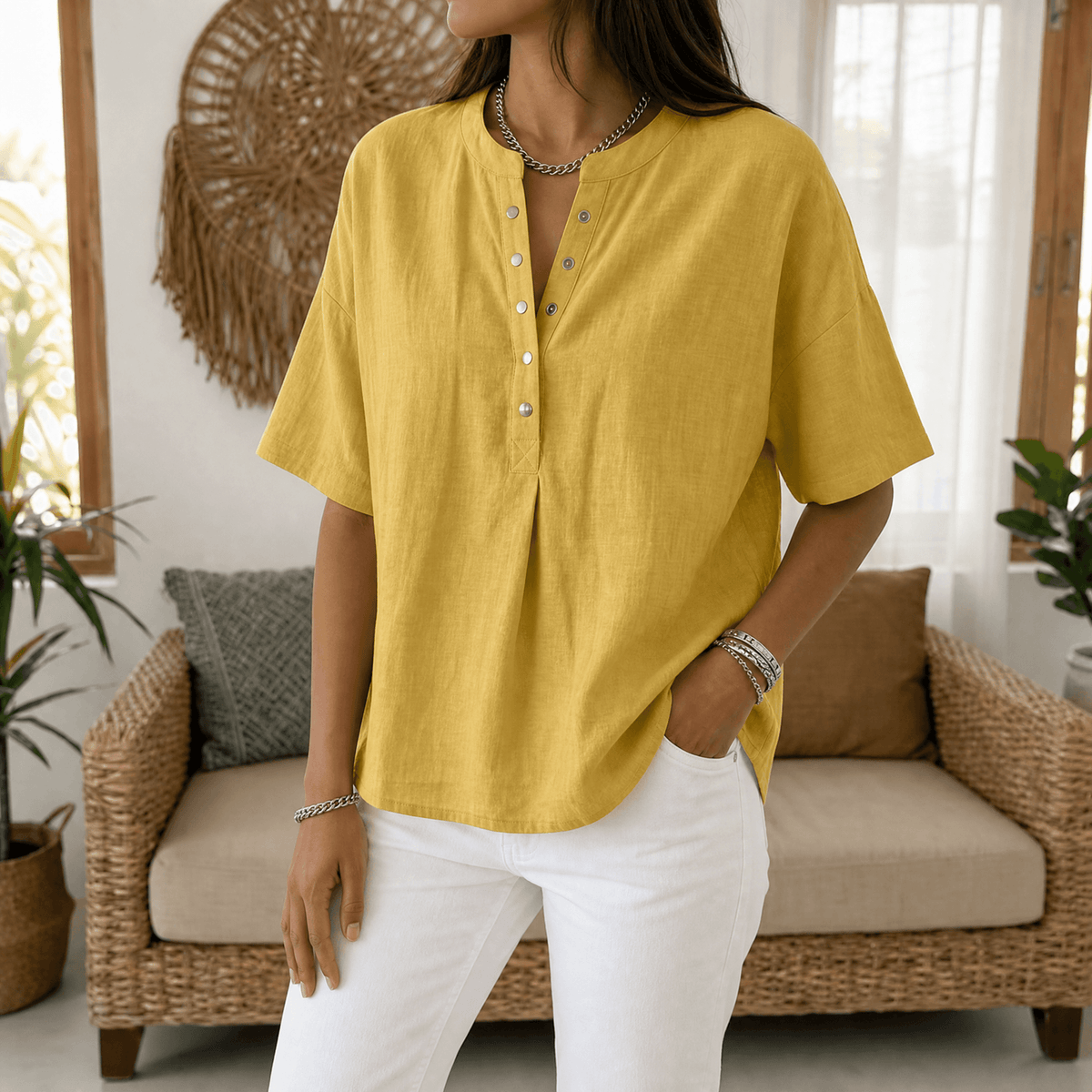 Lunavia - Women's Henley Blouse in Soft Polyester
