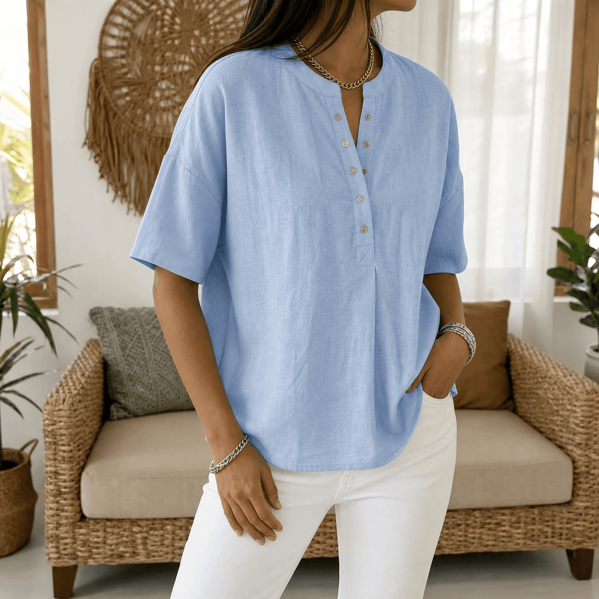 Lunavia - Women's Henley Blouse in Soft Polyester