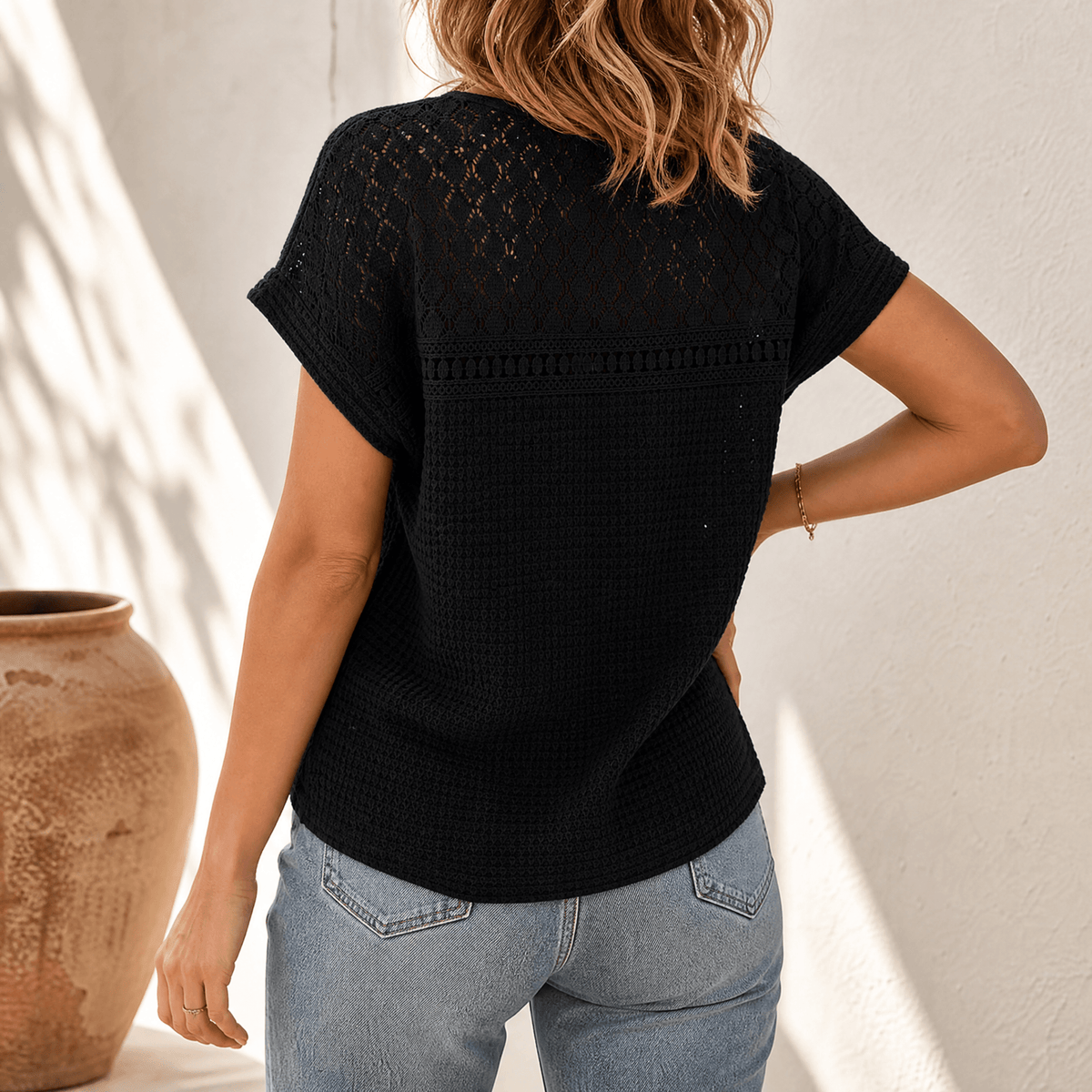 Lunavia - Women's Open-Weave Knit Top, Crochet Yoke