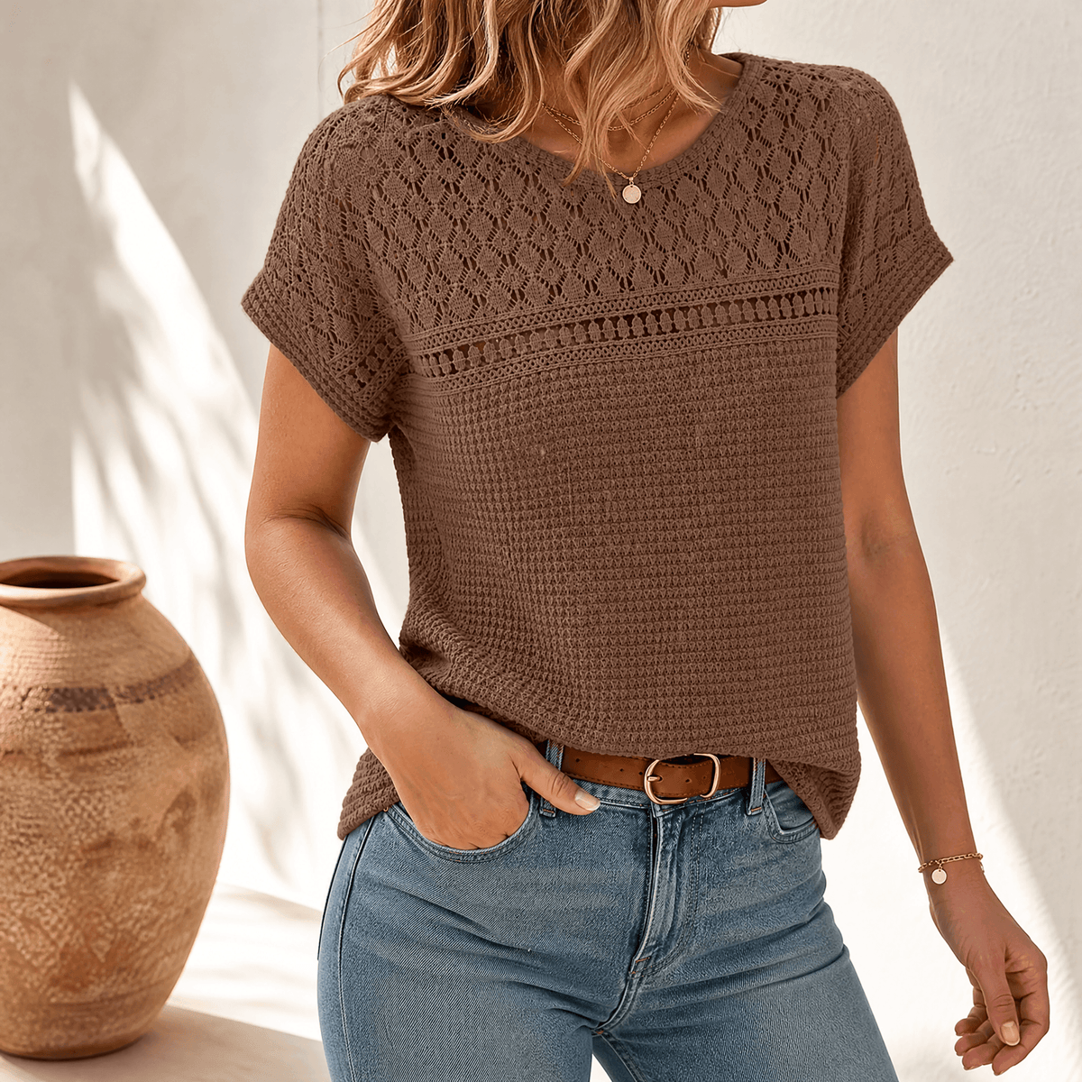 Lunavia - Women's Open-Weave Knit Top, Crochet Yoke