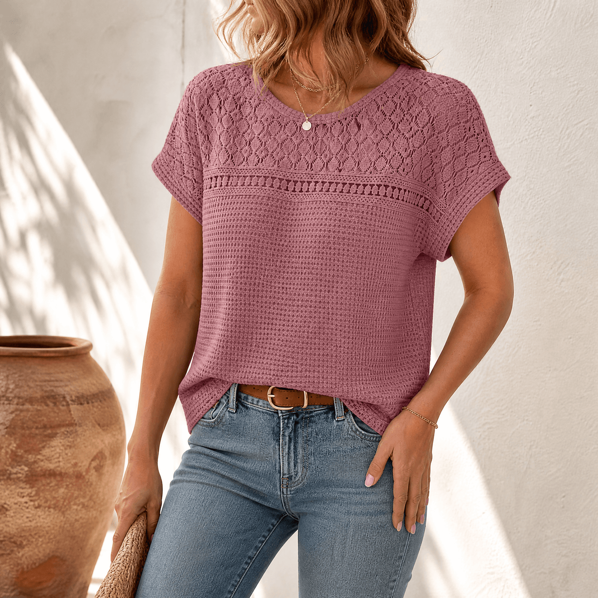 Lunavia - Women's Open-Weave Knit Top, Crochet Yoke