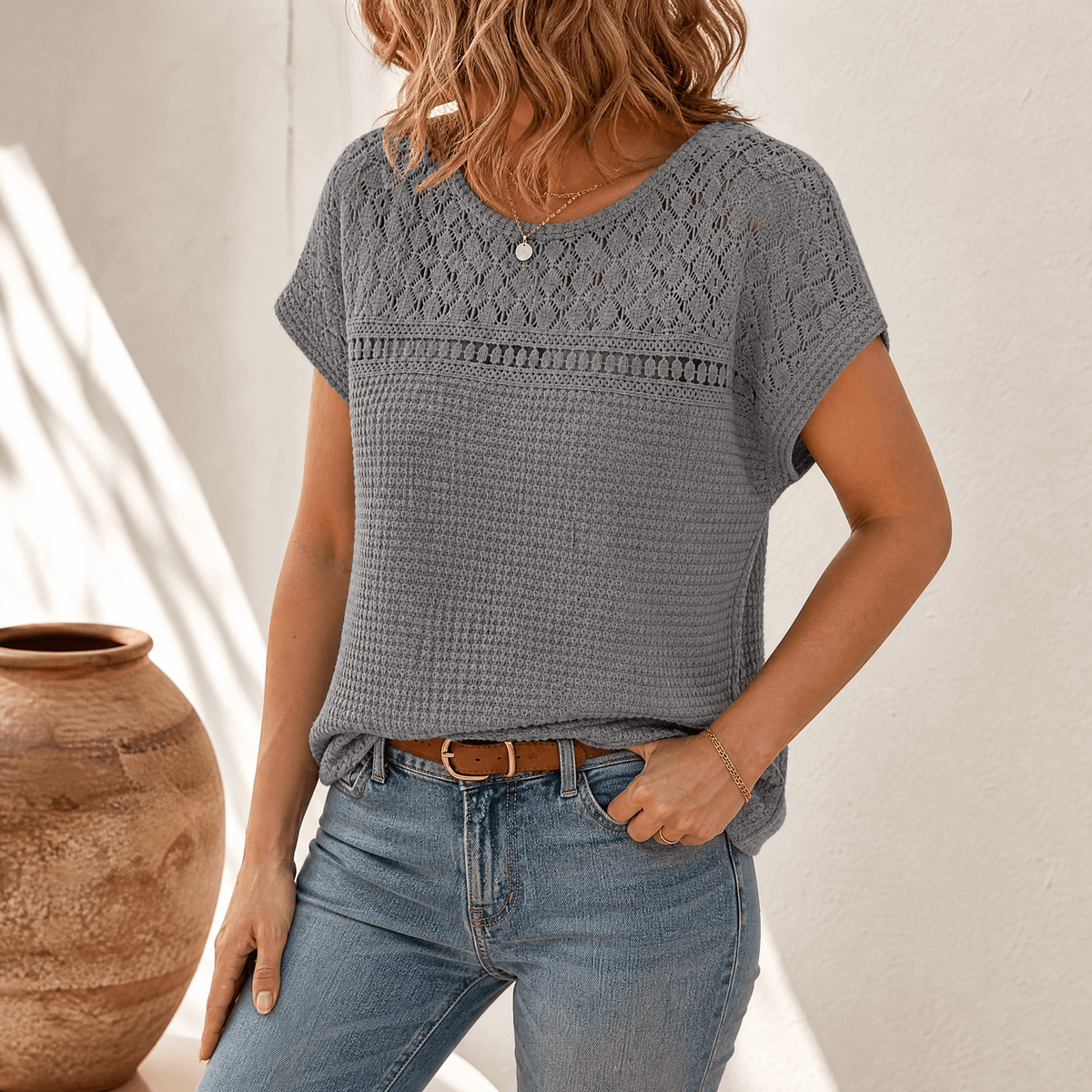 Lunavia - Women's Open-Weave Knit Top, Crochet Yoke