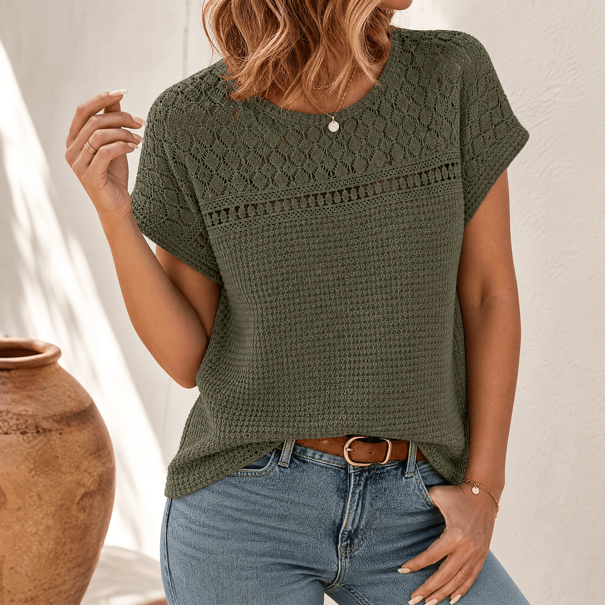 Lunavia - Women's Open-Weave Knit Top, Crochet Yoke