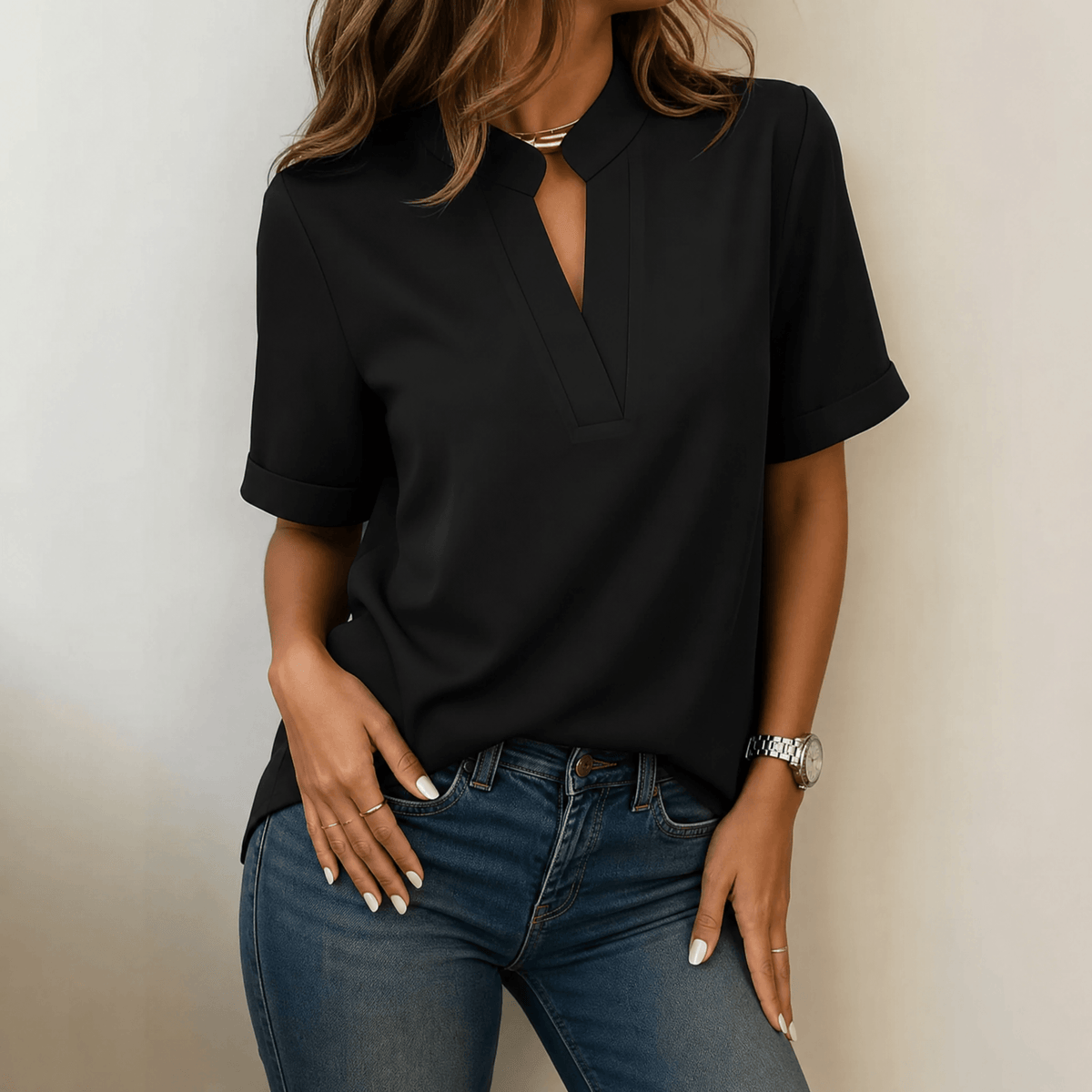 Lunavia - Women's Notch V-Neck Blouse with Cuffed Sleeves
