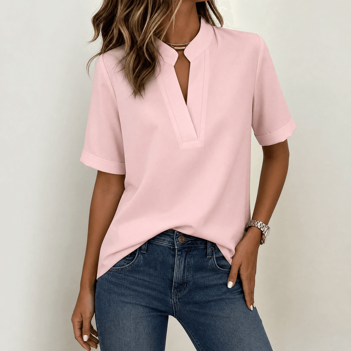 Lunavia - Women's Notch V-Neck Blouse with Cuffed Sleeves