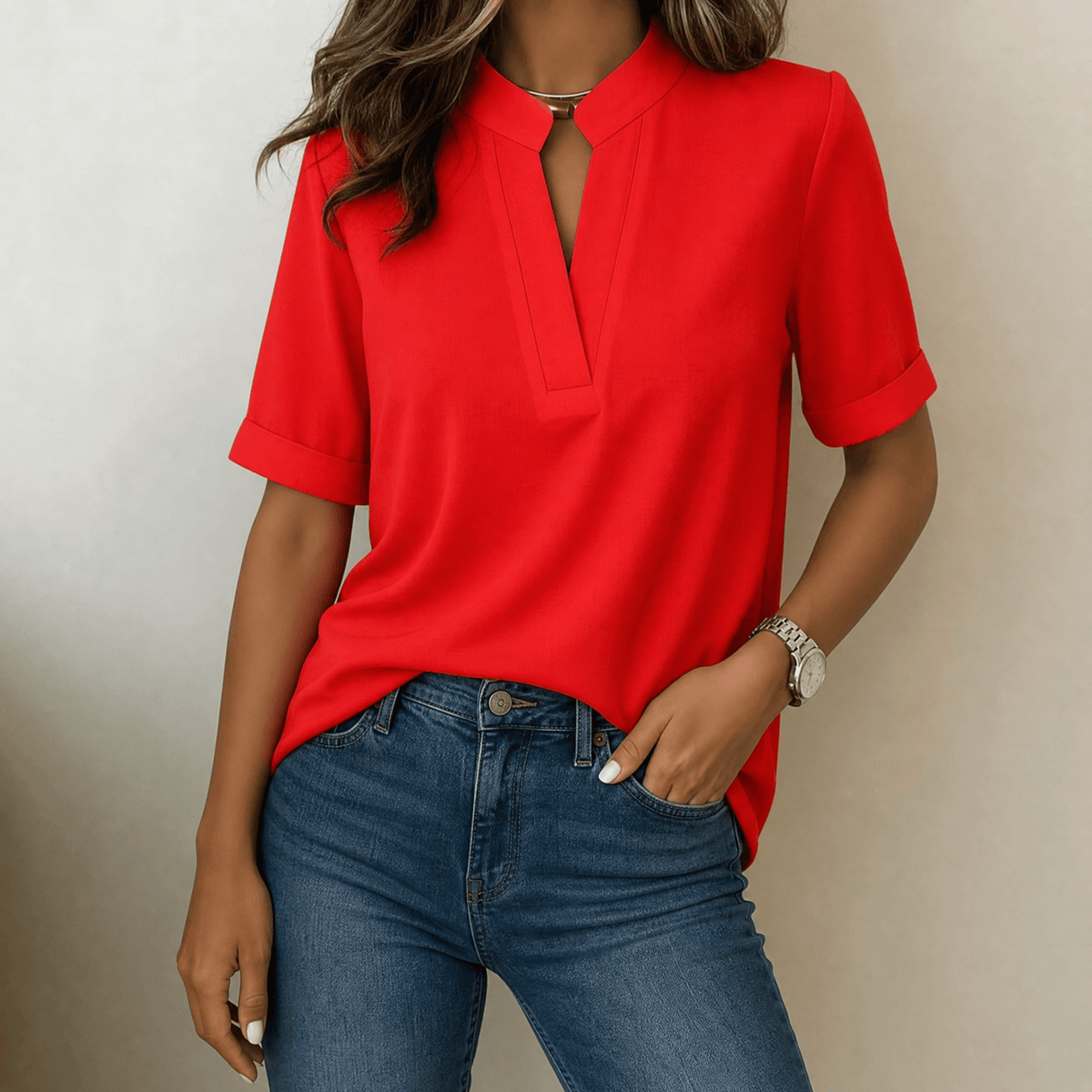 Lunavia - Women's Notch V-Neck Blouse with Cuffed Sleeves